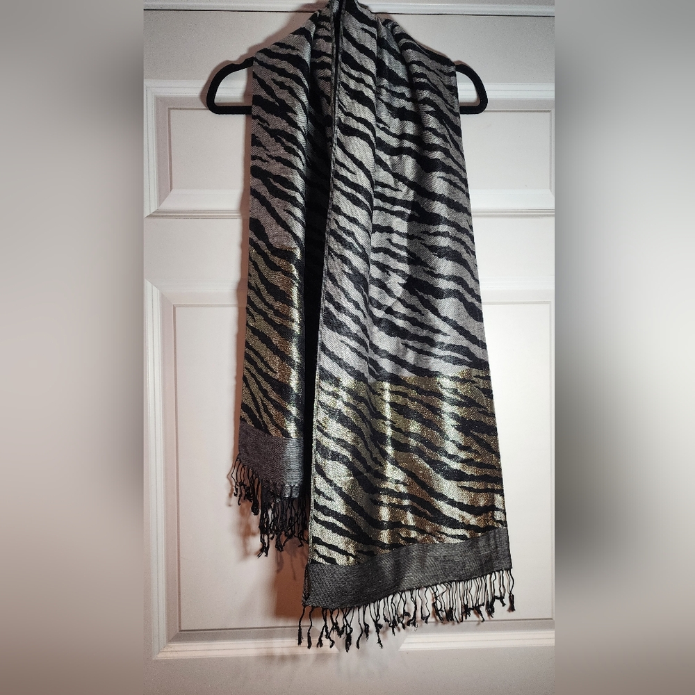 Accessory Street Gray Black And Gold Sparkle Zebra Print Scarf
